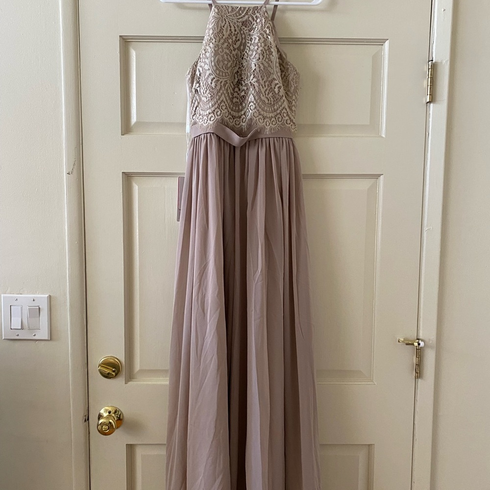 JJs House Taupe A-Line High Neck Floor-Length Chiffon and Lace Dress - Picture 2 of 5